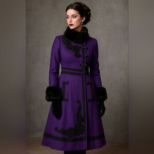 Purple Black 6 Wool Blend Peacoat Trench Faux Fur Royalcore Dressy Castlecore